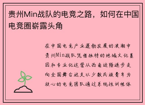 贵州Min战队的电竞之路，如何在中国电竞圈崭露头角