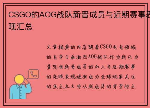 CSGO的AOG战队新晋成员与近期赛事表现汇总